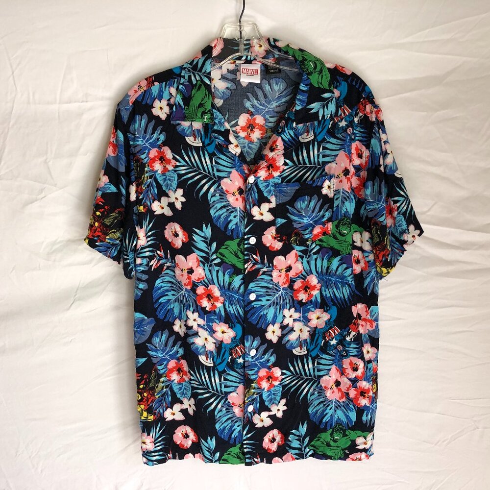 Marvel Avengers Ironman Captain America Hulk Floral Hawaiian Shirt Size Small